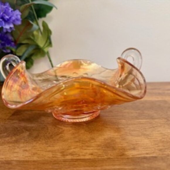 Vintage Marigold Carnival Glass Bowl with‎ Double Handles – Iridescent Elegance - Picture 2 of 6